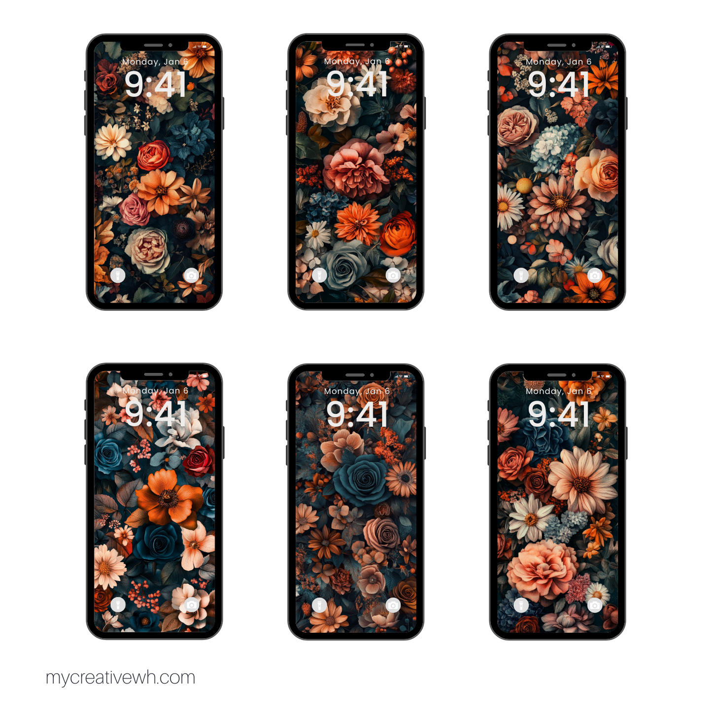 Dark Fall Flowers Blue Peach Coral Phone Wallpaper