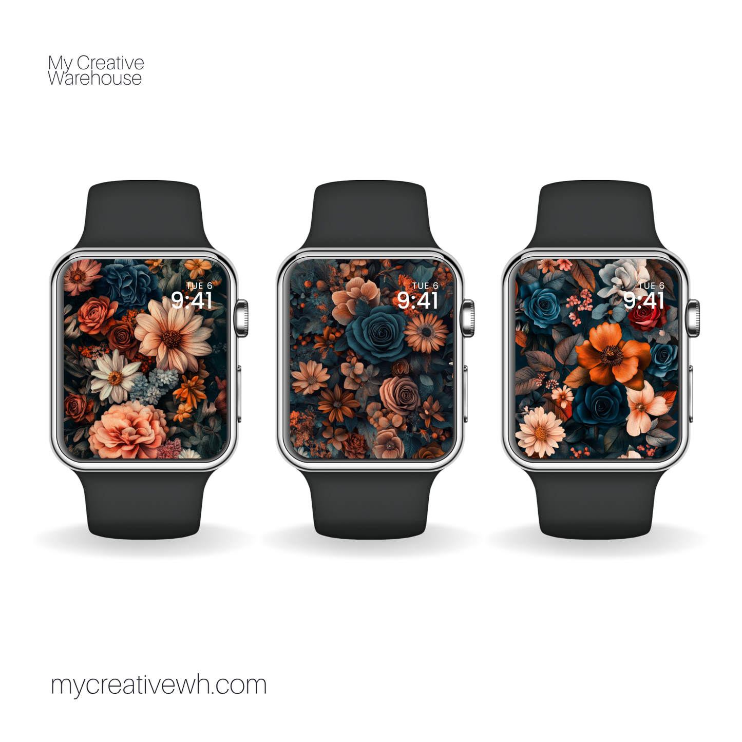 Dark Fall Flowers Blue Peach Coral Apple Watch Wallpaper
