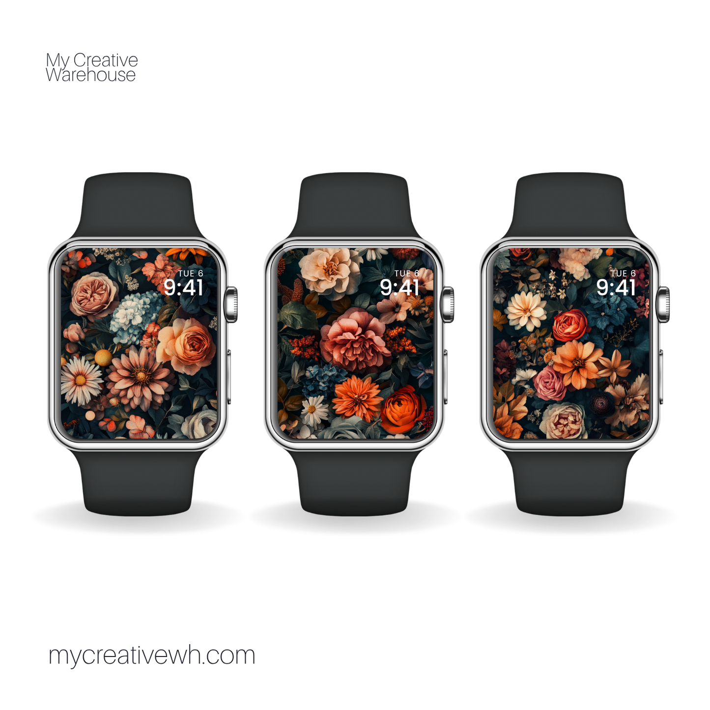 Dark Fall Flowers Blue Peach Coral Apple Watch Wallpaper