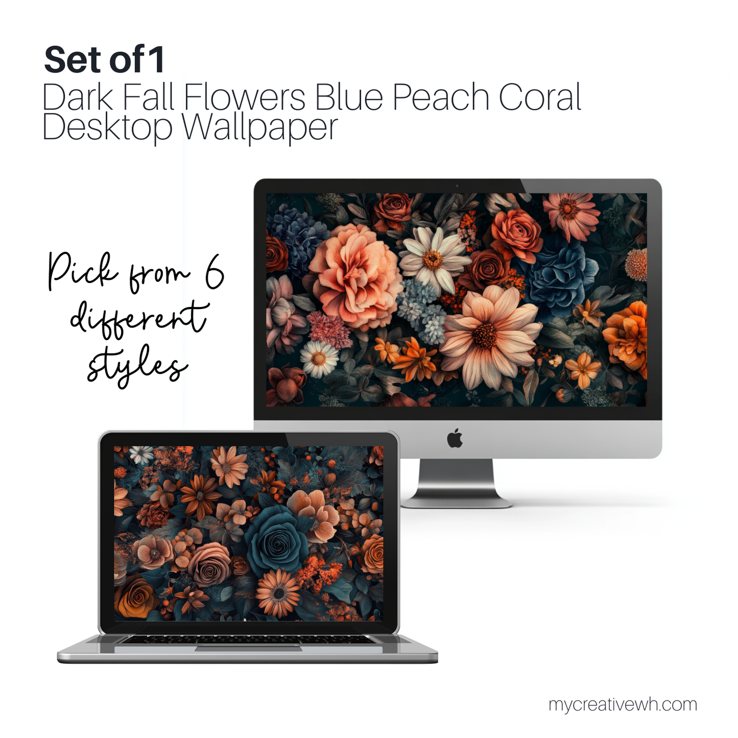 Dark Fall Flowers Blue Peach Coral Desktop Wallpaper