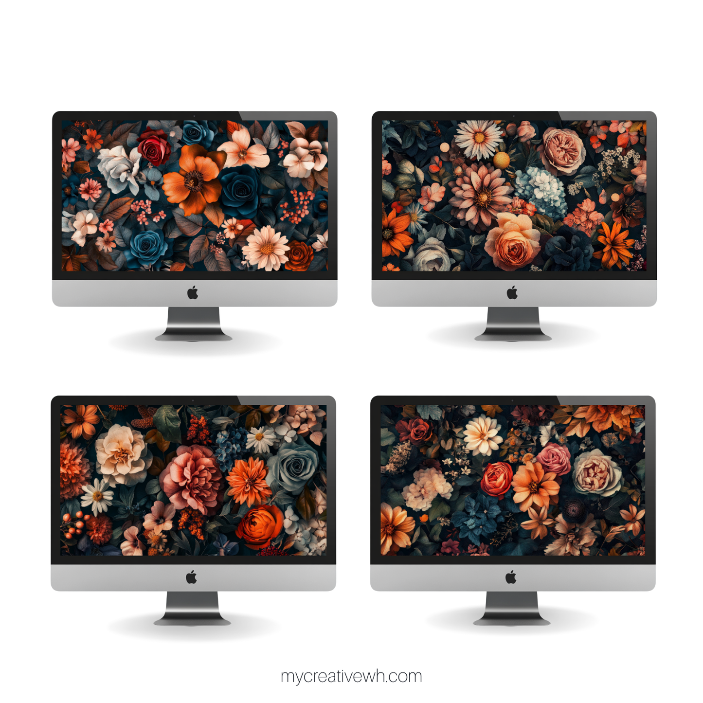 Dark Fall Flowers Blue Peach Coral Desktop Wallpaper