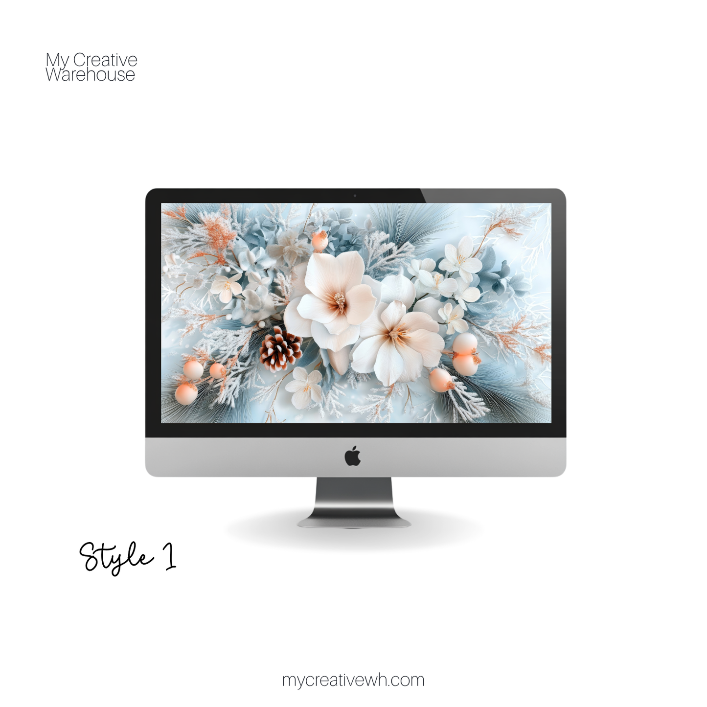 Icy Blue Winter Floral Bouquet Desktop Wallpaper