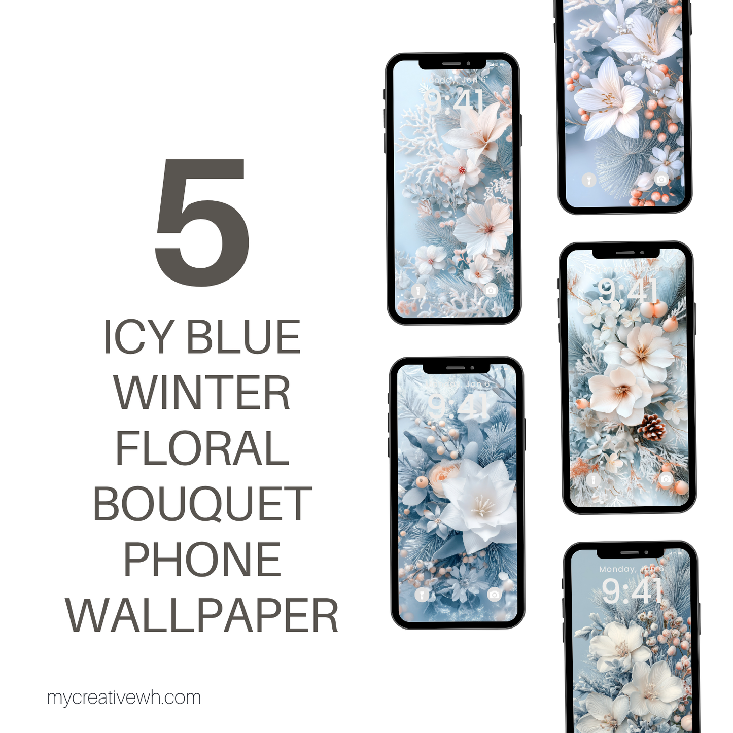 Icy Blue Winter Floral Bouquet Phone Wallpaper