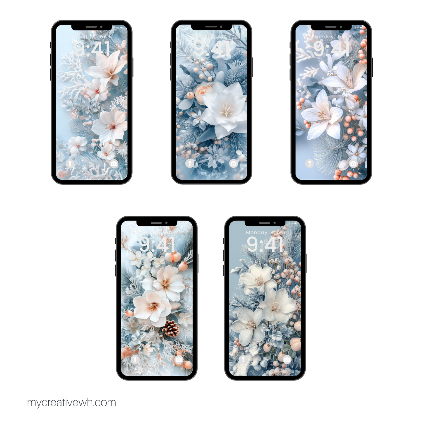 Icy Blue Winter Floral Bouquet Phone Wallpaper