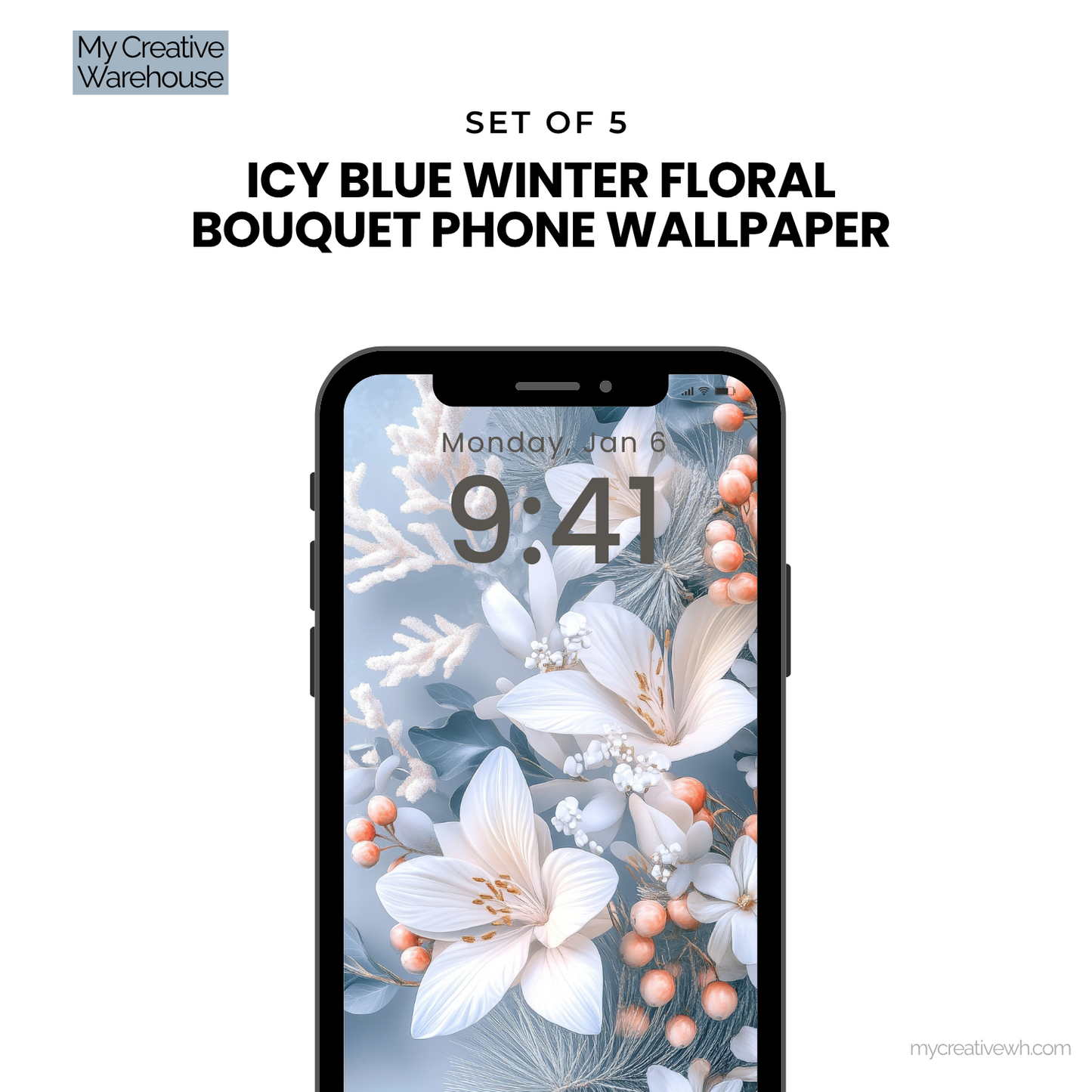 Icy Blue Winter Floral Bouquet Phone Wallpaper