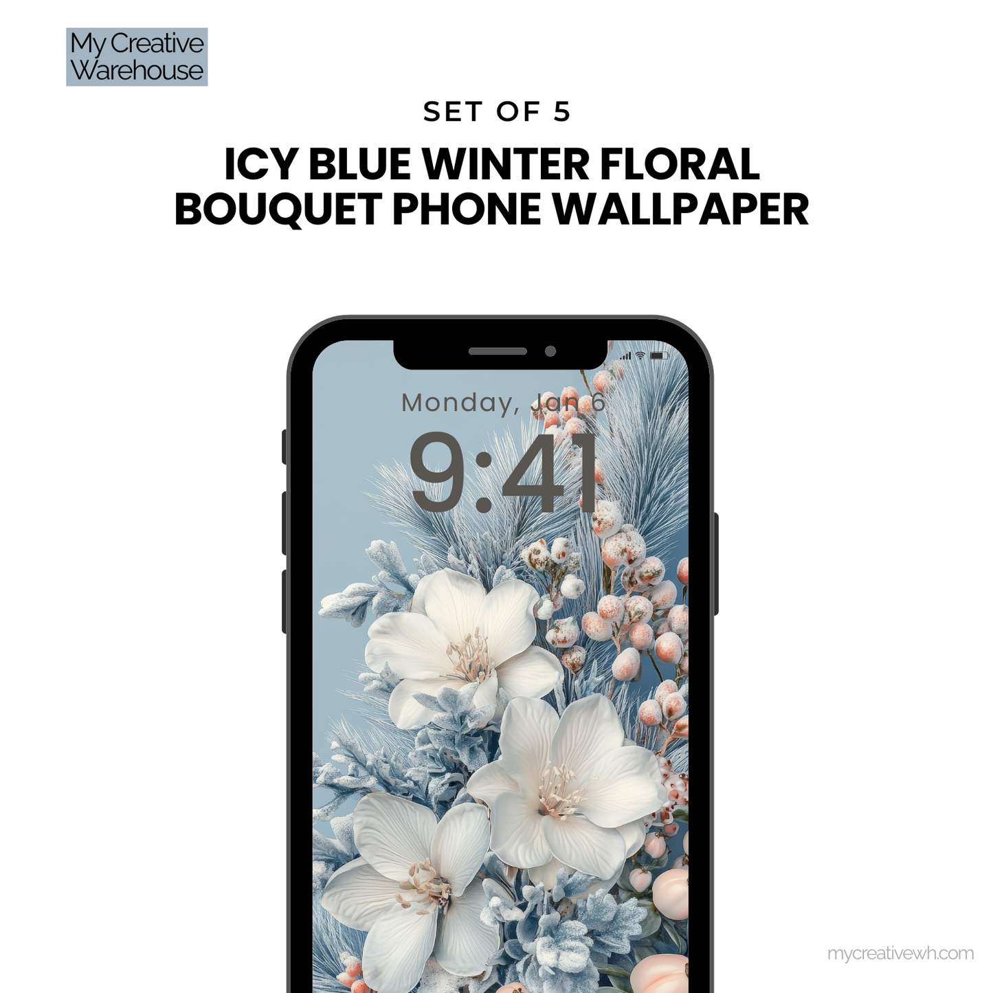 Icy Blue Winter Floral Bouquet Phone Wallpaper