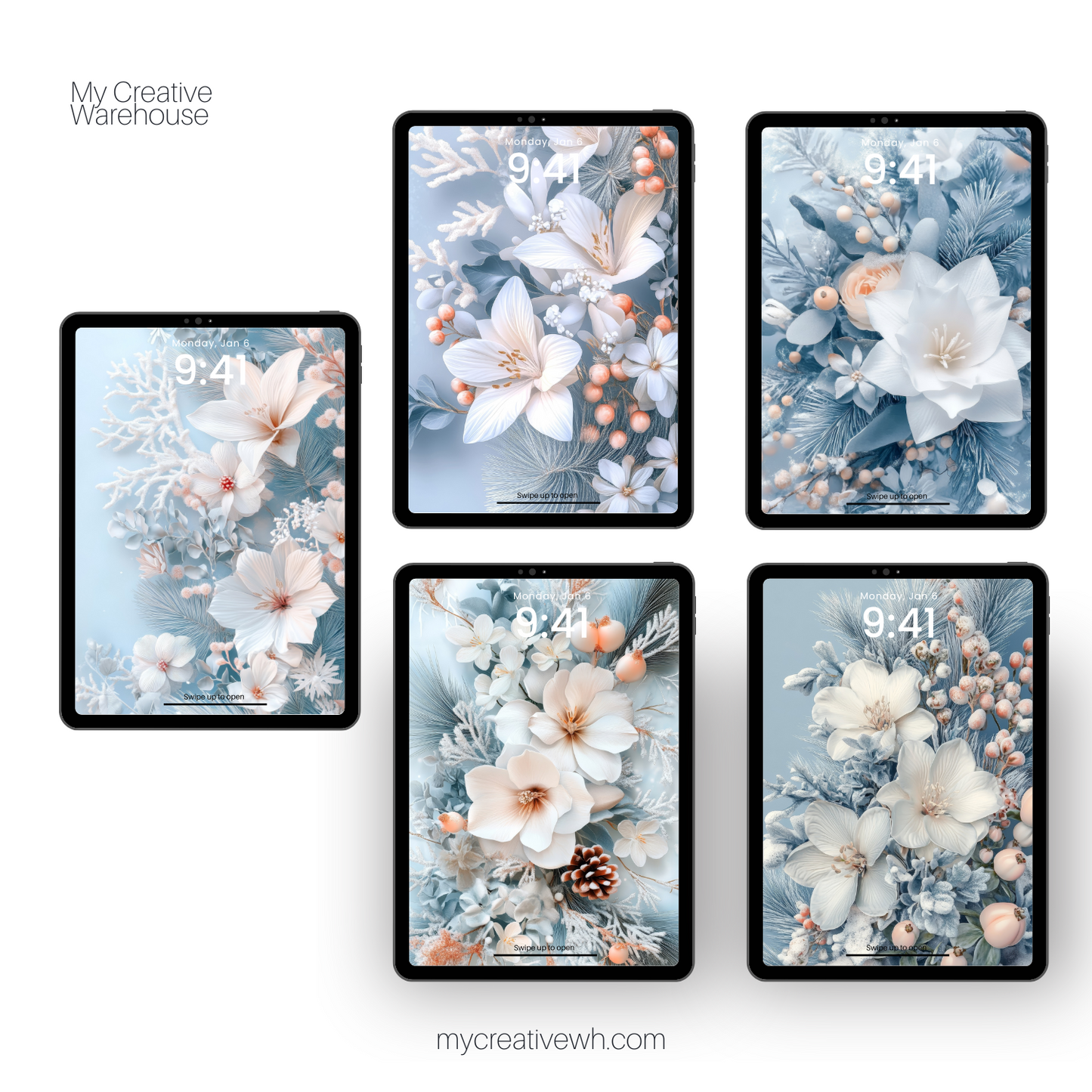 Icy Blue Winter Floral Bouquet iPad Wallpaper