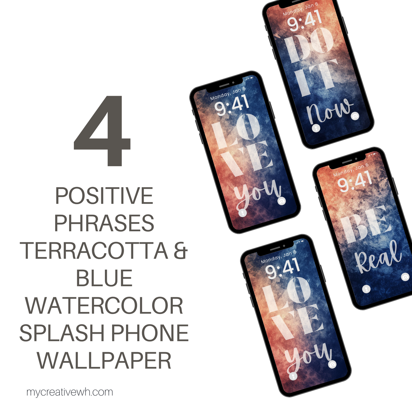 Positive Phrases Terracotta and Blue Watercolor Splash Phone Wallpaper