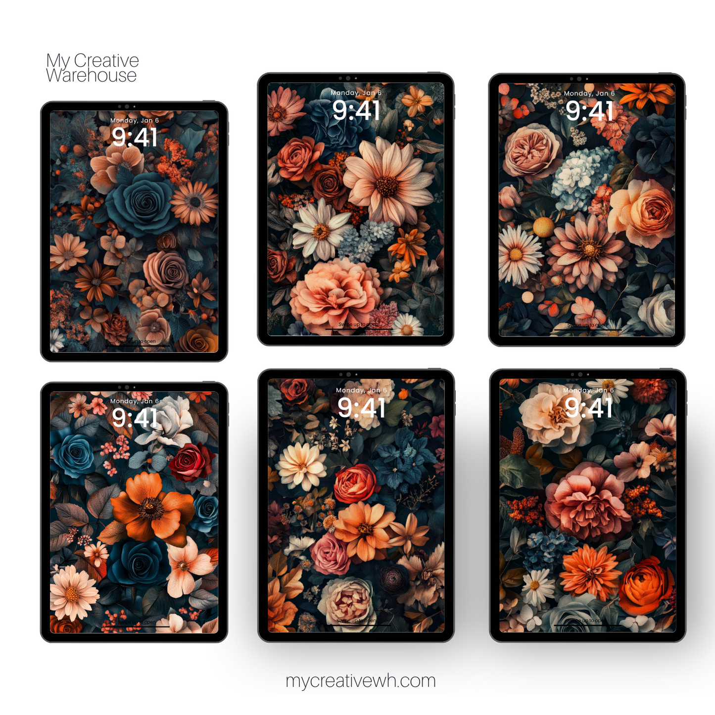 Dark Fall Flowers Blue Peach Coral iPad Wallpaper